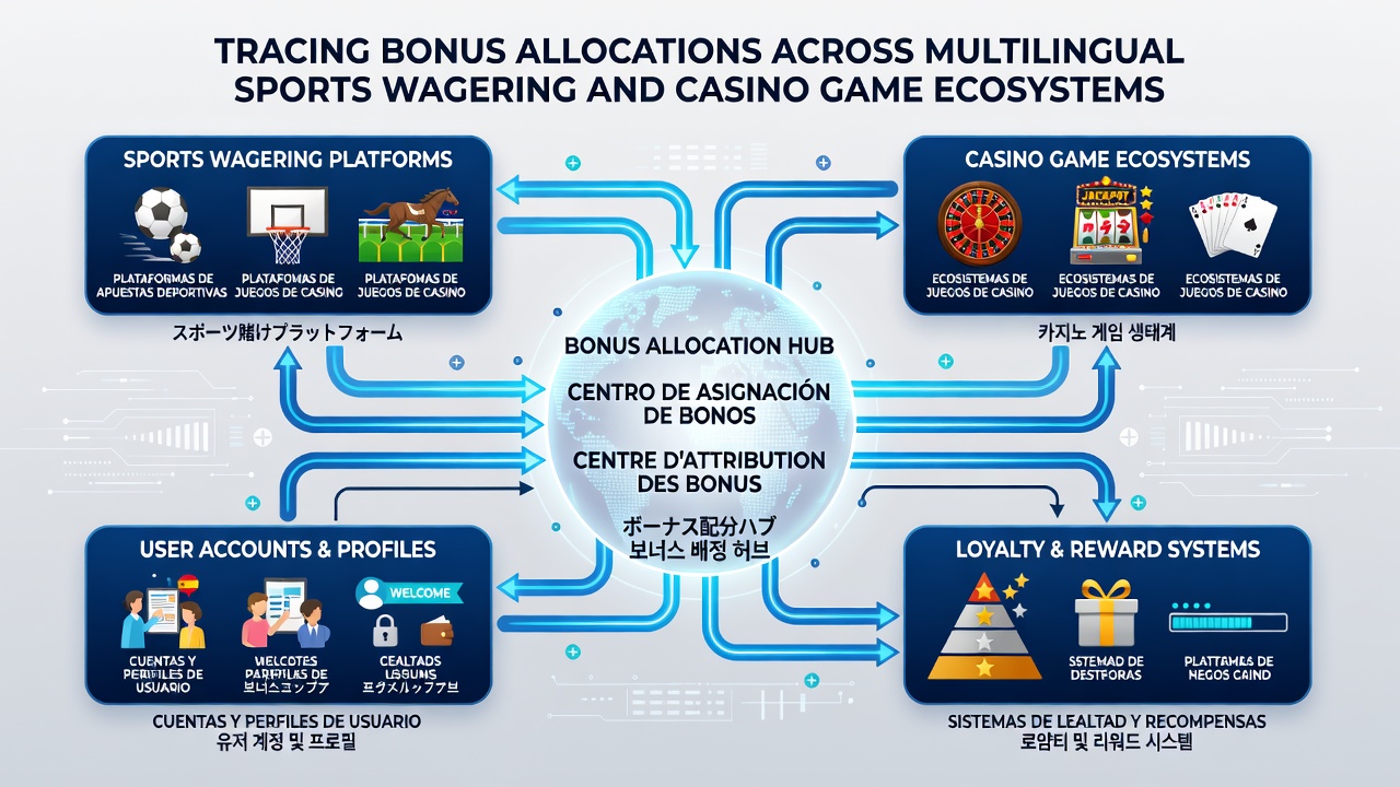 Detailed diagram illustrating data trails for bonus funds moving between sports wagering events and casino game sessions in multiple languages